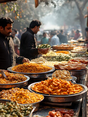 Indian Street Food Market: Vibrant Dishes in Sunny Sunlight