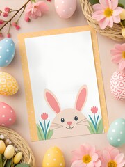 easter greeting card with eggs and bunny