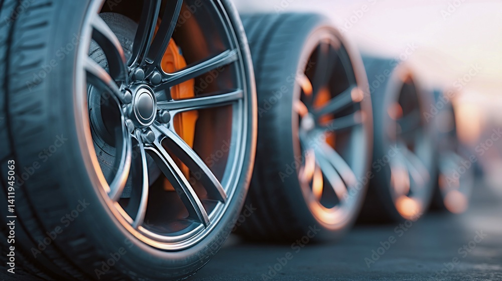 Poster a close-up captures a row of shiny alloy wheels with orange calipers, presenting automotive design d