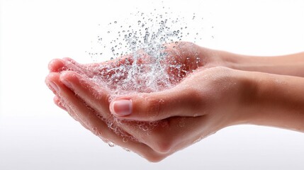 Fototapeta premium Clean hands hold a splash of refreshing water, demonstrating cleanliness and hydration against a bright white background. The image is perfect for health or wellness concepts.