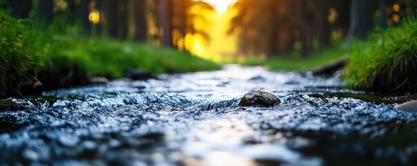 Fototapeta premium Mindful living with wellness energy concept. Serene stream flowing through a lush green forest.