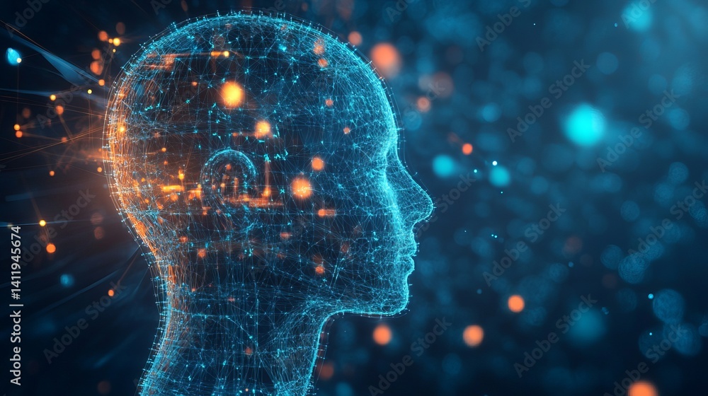 Poster abstract digital human head network artificial intelligence concept ai 3d data mesh blue dark tech