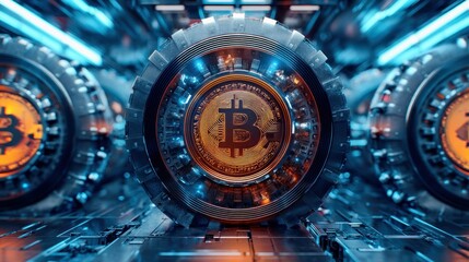 Fototapeta premium A close-up showcases an abstract digital illustration featuring bitcoin within a futuristic technological setting, conveying modern finance.