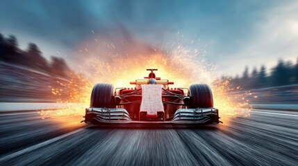 A dynamic Formula 1 race car streaks across the track, illuminated by a burst of energy, showcasing speed and power.