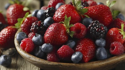 A vibrant mix of strawberries, blueberries, raspberries and blackberries, piled high in a rustic wooden bowl - bowl healthy sweet close