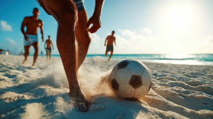 Enjoying a friendly game of soccer on a beautiful beach, people playing together in the sand with the ocean in the background.