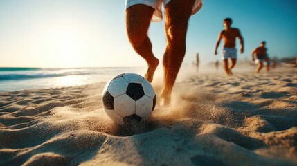 A person kicking a soccer ball on a sunny beach, sand flying up as others run in the background, a fun summer day.