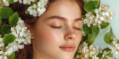 Mindful living with wellness energy concept. Woman surrounded by flowers, eyes closed in serenity.