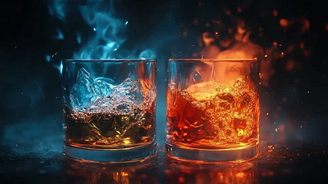 A symbolic A/B testing concept shown through two contrasting glasses&mdash;one glowing with fiery red and the other cool blue smoke&mdash;representing heat, cold, decision-making, and comparative analysis