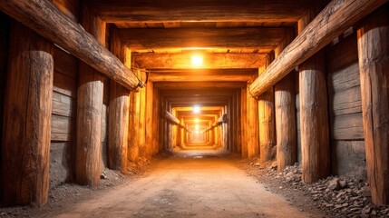 An old wooden mine tunnel extends into the distance, its timber beams supporting the structure, with light.