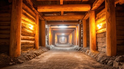 Fototapeta premium A well-lit, long tunnel with wooden beams providing structural support through the walls and roof, leading towards the distant light.