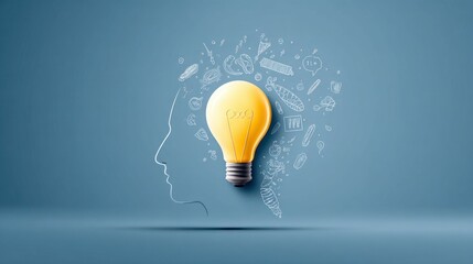 An illustration of a human head silhouette with a glowing lightbulb, showcasing a creative concept or idea against a blue backdrop.