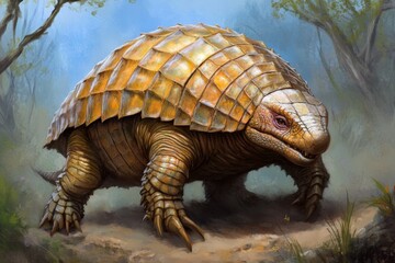 Fototapeta premium A prehistoric armadillo-like creature covered in thick armor, moving through an ancient jungle