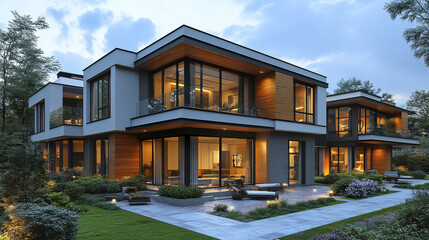 Fototapeta premium Modern homes with large windows and lush gardens create serene atmosphere