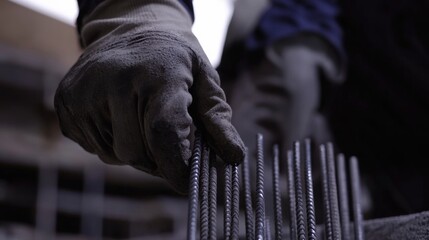 A laborer securing metal rods to reinforce concrete. Featuring strength and precision