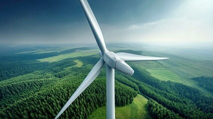 A wind turbine stands tall above a lush forest, showcasing the beauty of sustainable energy sources in a serene landscape.