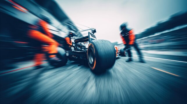 An exciting shot of a formula one car with pit crew during a race, capturing speed and motion on a track with motion blur.