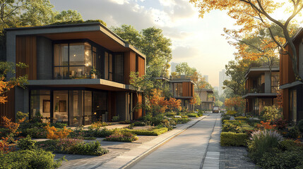 Modern eco friendly homes in serene neighborhood setting