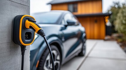 A wall-mounted electric vehicle charger is ready to charge a parked electric car. The charger plugs into the car's charging port.