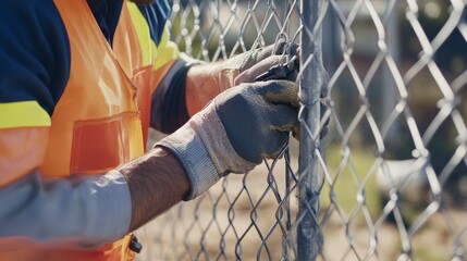 A laborer setting up a temporary fence at a construction site. Featuring safety and preparation