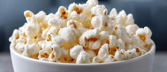 A close-up shot of a bowl filled with fluffy, freshly popped popcorn, perfect for movie nights and snacks.