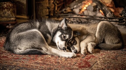 Two husky puppies tumble playfully on a soft rug, a flurry of fur and energy - littermates photography mammal