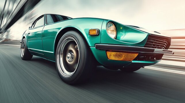 A classic green sports car races along the highway, its wheels blurred in motion. The car's design evokes a sense of speed and retro automotive style.