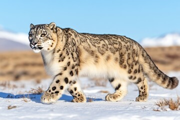 A snow leopard walking across a snowy mountain ridge, its thick fur blending into the icy landscape (Mammal)