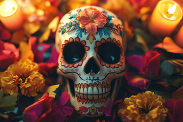 Decorated sugar skull surrounded by flowers and candles Day of the Dead