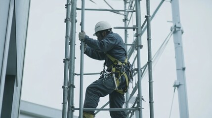 A laborer setting up scaffolding at a work site. Featuring teamwork and safety