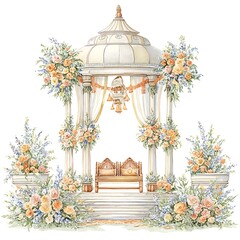Elegant Floral Wedding Gazebo Watercolor Painting of an Ornate Indian-Style Mandap.