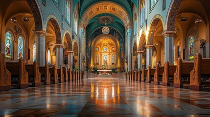 Obraz premium Grandeur and Reverence: Interior View of a Magnificent Cathedral with Stained Glass