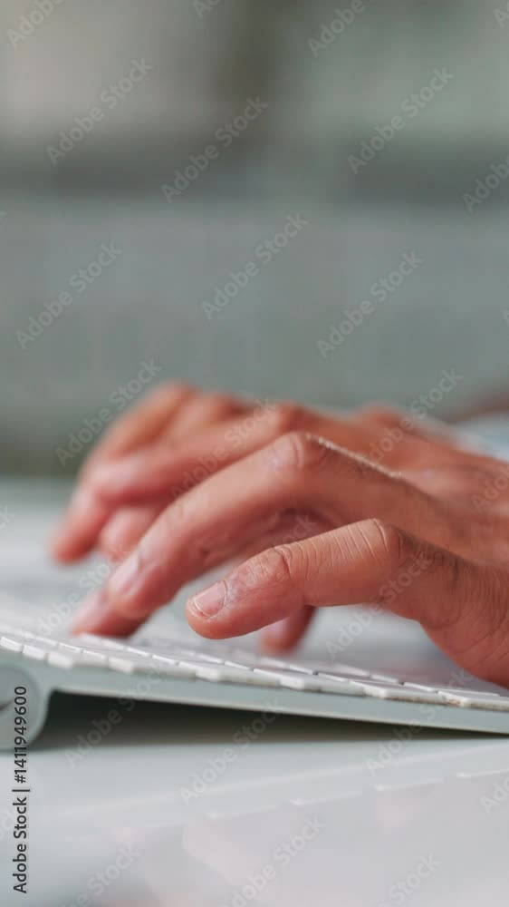 Poster Hands, keyboard and typing closeup of business person on computer for data report or feedback in office. Email, internet and network with employee for information communication, planning and research