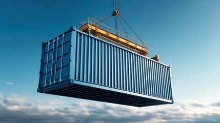 A blue shipping container is lifted against a bright, clear sky, demonstrating logistics and international trade processes.