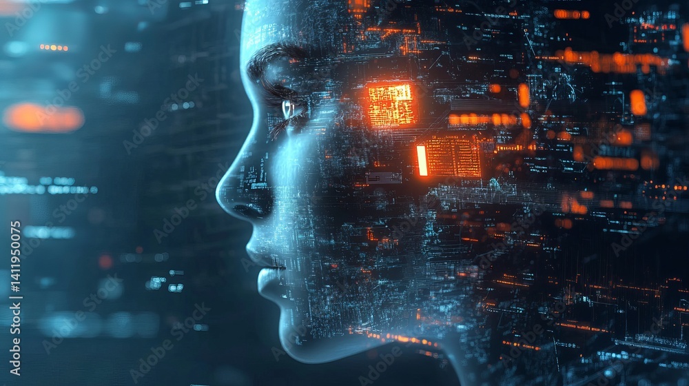 Poster digital human face artificial intelligence technology concept futuristic abstract background ai data