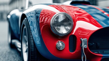 The close-up shows a classic red and blue sports car, showcasing its iconic design and vibrant colors with chrome detailing.