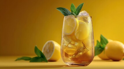 Elegant iced tea in curved glass with lemon slices and mint on vibrant yellow background, ideal for drink packaging, blog visuals and summer ad templates
