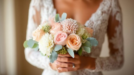 Naklejka premium A bride holds a stunning bouquet of roses and dahlias, showing off her elegant dress. A close up of the bouquet creates a beautiful scene.