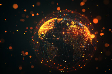 Global network connections illuminated world map glowing lights dark background