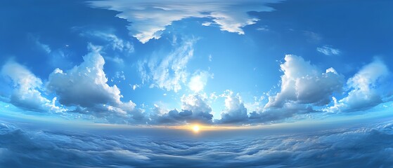Blue sky with white clouds and the sun shining, a panoramic view