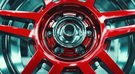 A close-up perspective reveals a striking red car wheel's intricate design, highlighting its detailed craftsmanship. The metallic finish offers a sleek, modern look.
