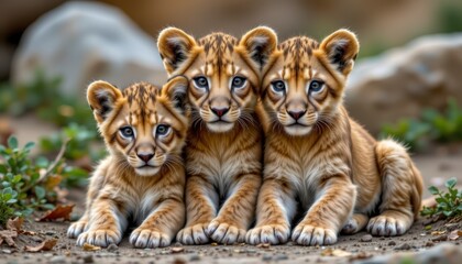 Obraz premium Three Playful Lion Cub Portraits on Natural Background with Soft Lighting and Natural Textures Captured in the Wild