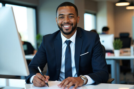 Confident African American businessman in a suit presenting ideas on a whiteboard in a modern office setting