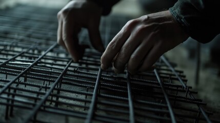 Concrete reinforcement specialist placing rebar grids. Featuring foundation stability and structural integrity