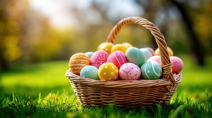 A wicker basket brimming with colorful Easter eggs rests on a bed of vibrant green grass, illuminated by soft sunlight, in a serene outdoor scene.