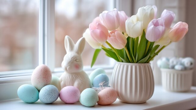 A charming spring scene with pastel Easter eggs, a bunny figurine, and a vase of tulips near a window, creating a soft and inviting atmosphere.