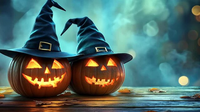 Two jack o lantern pumpkins decorated with sinister faces and witch hats on wooden table and blue background, halloween and holiday atmosphere in the house