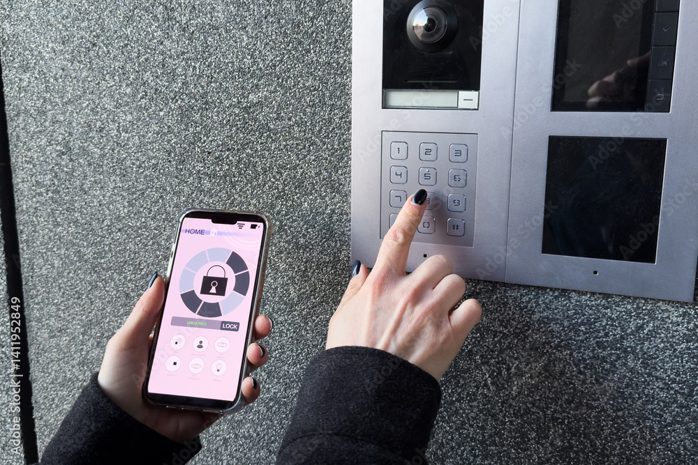 Poster woman locking smartlock on the entrance door using a smart phone. concept of using smart electronic 