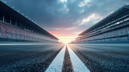 An empty race track is seen between stands, with a bright sunset casting shadows in the sky, conveying anticipation.