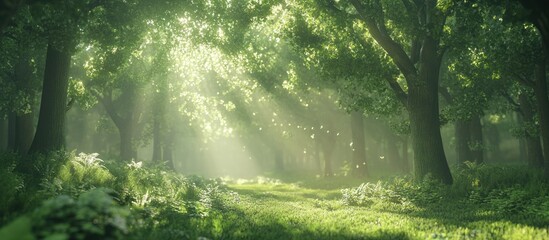 Fototapeta premium Sunlight Shines Through A Lush Green Forest On A Sunny Day